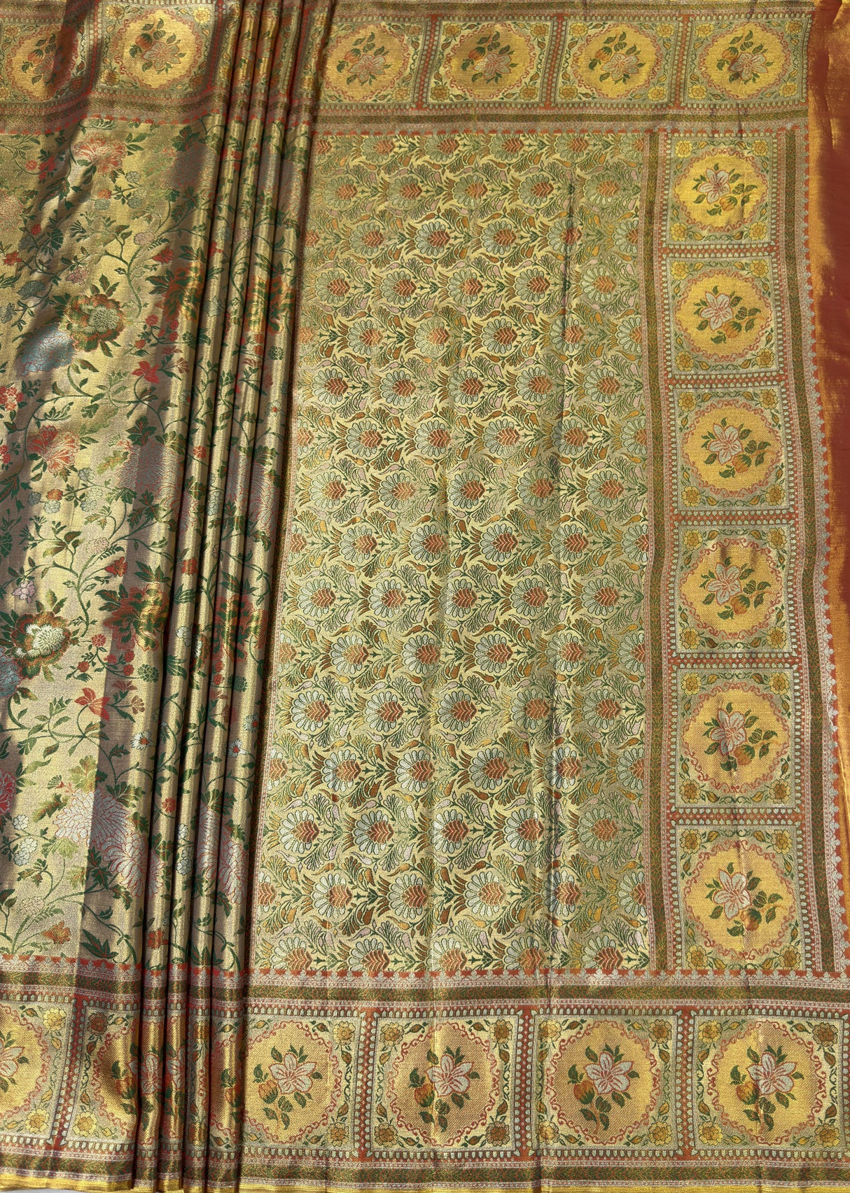 MIMOSA Orange Kanjivaram Art Silk Saree — pallu and zari work detail
