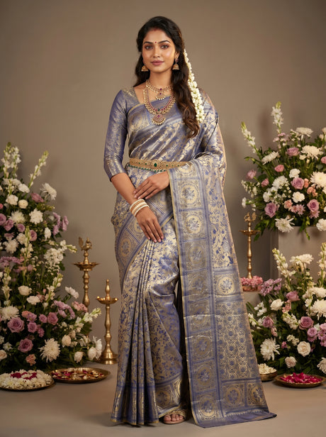 MIMOSA Royal Blue Kanjivaram Art Silk Saree — Draped Mannequin View