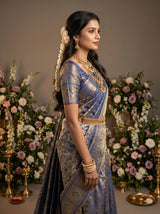 MIMOSA Royal Blue Kanjivaram Art Silk Saree — Pallu and Body Detail