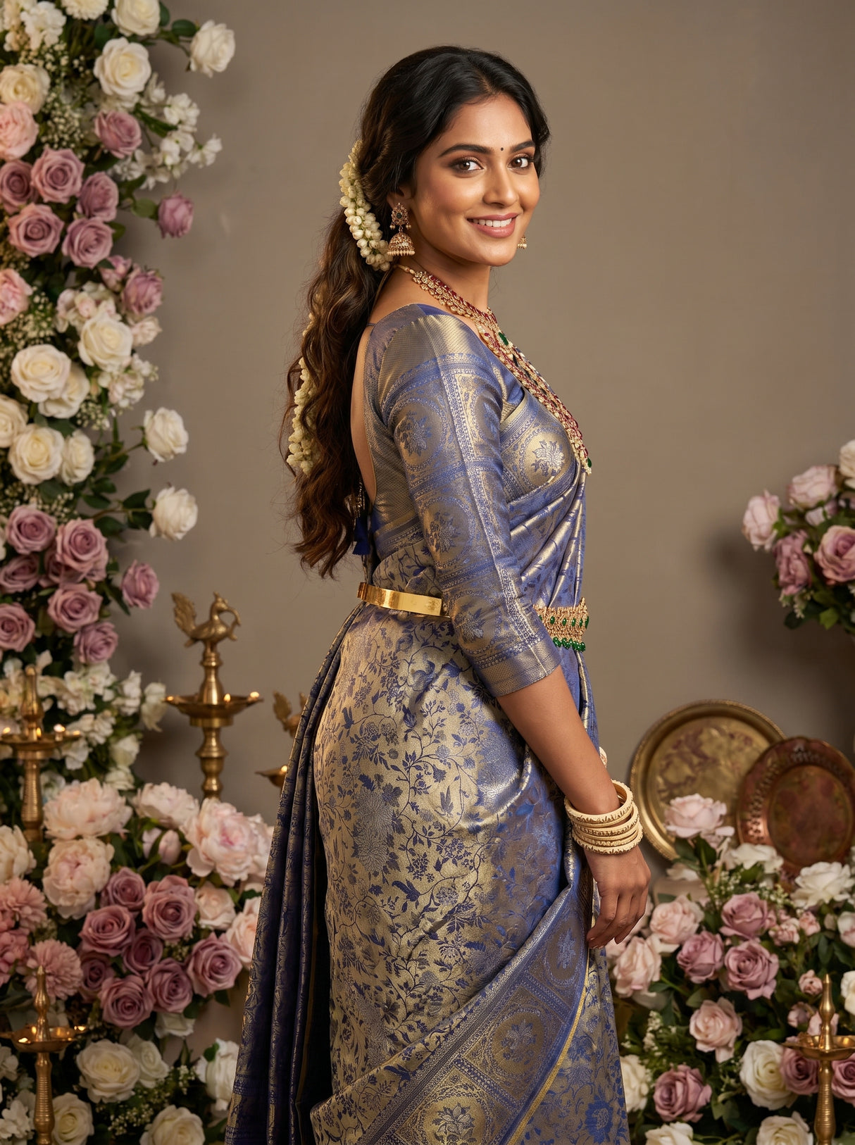 MIMOSA Royal Blue Kanjivaram Art Silk Saree — pose 9 styling detail