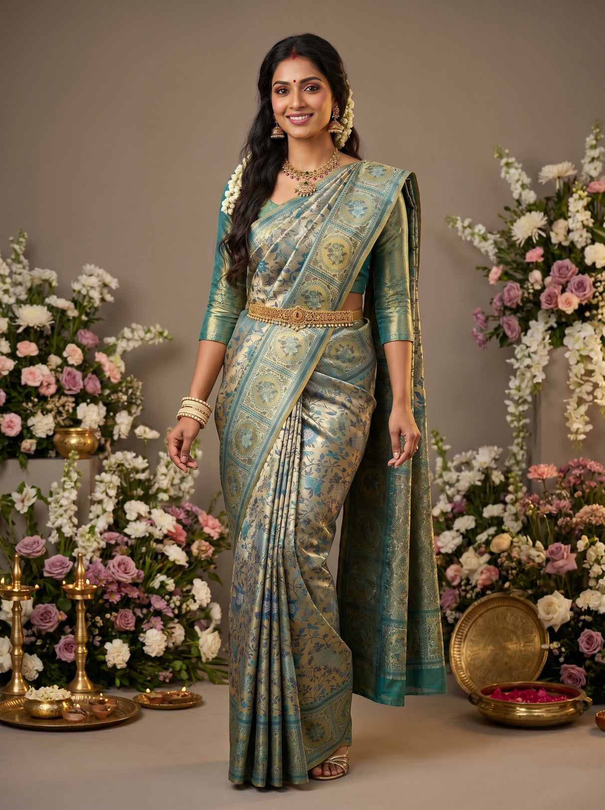 MIMOSA Rama Kanjivaram Art Silk Saree — Draped Mannequin View