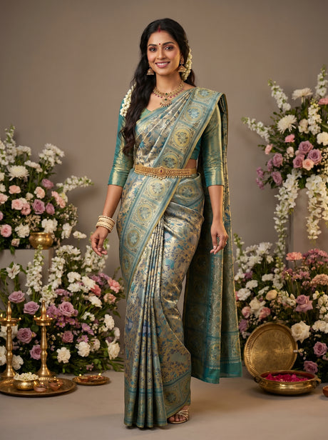 MIMOSA Rama Kanjivaram Art Silk Saree — Draped Mannequin View