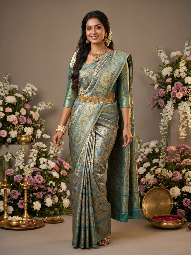 MIMOSA Rama Kanjivaram Art Silk Saree — Draped Mannequin View