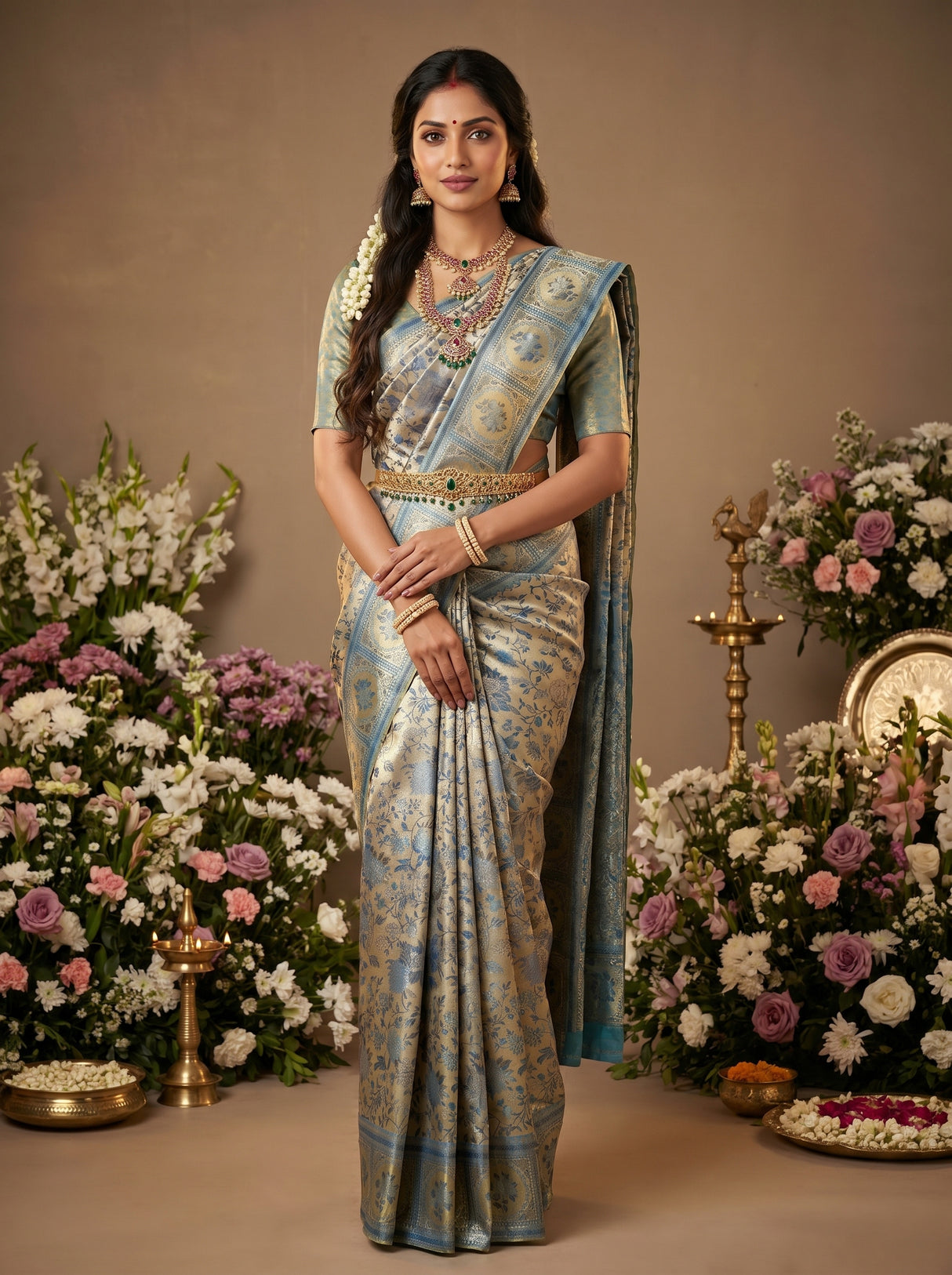 MIMOSA Saffire Kanjivaram Art Silk Saree — Draped Mannequin View