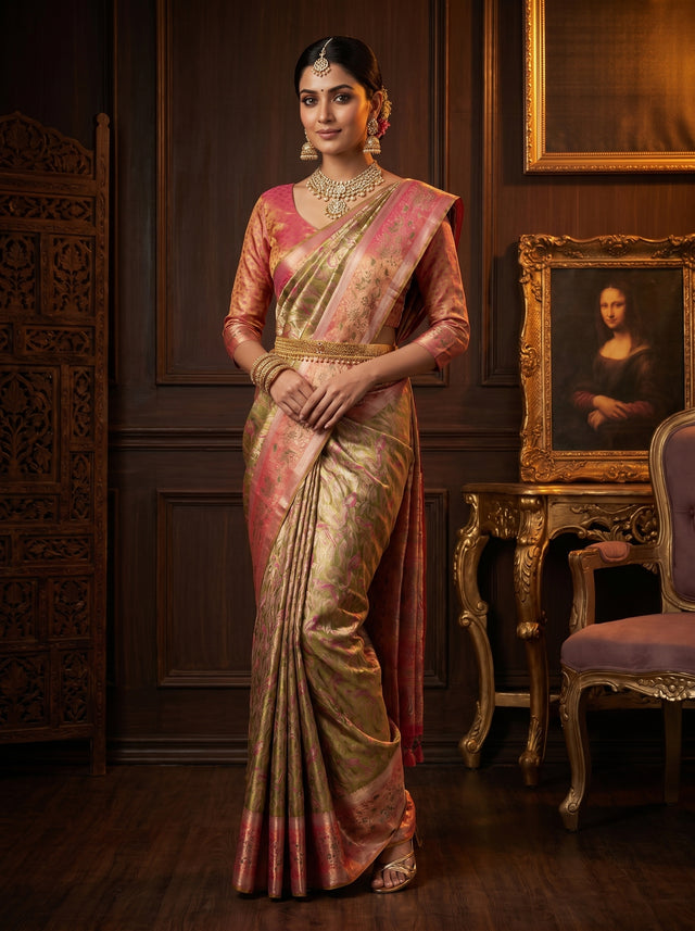 MIMOSA Olive Kanjivaram Art Silk Saree — Draped Mannequin View