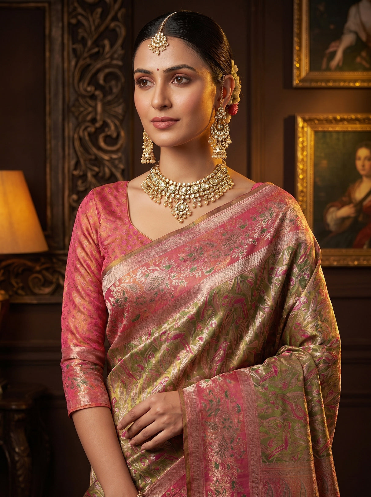MIMOSA Olive Kanjivaram Art Silk Saree — pose 10 styling detail