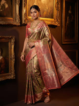 MIMOSA Olive Kanjivaram Art Silk Saree — Full Front Pose