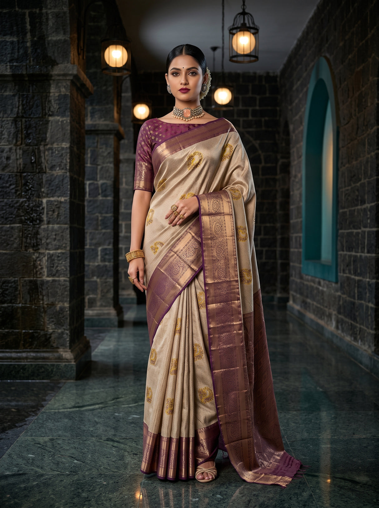 MIMOSA Gold Kanjivaram Art Silk Saree — Model lifestyle pose