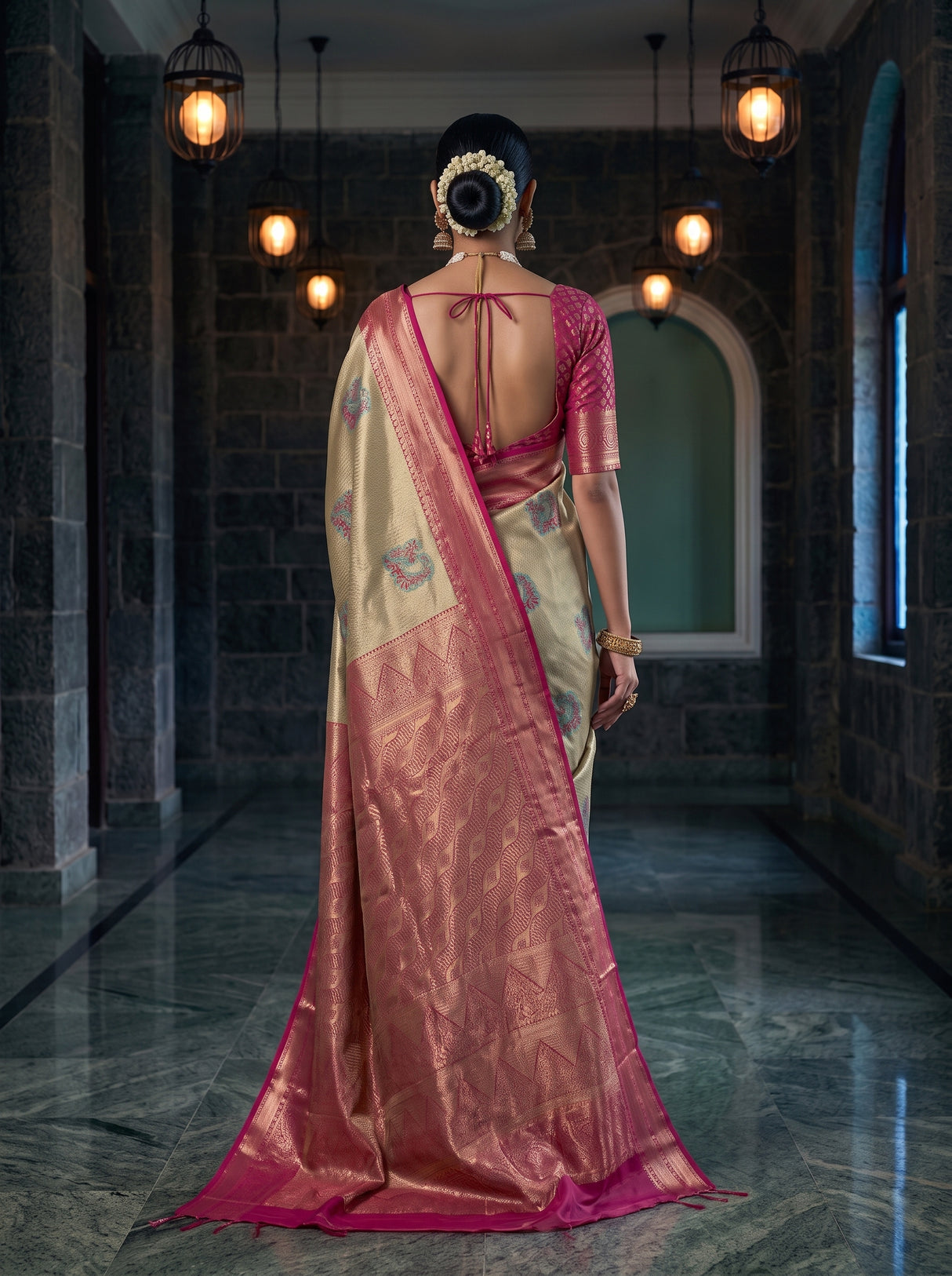 MIMOSA Pista Kanjivaram Art Silk Saree — close up of model's face
