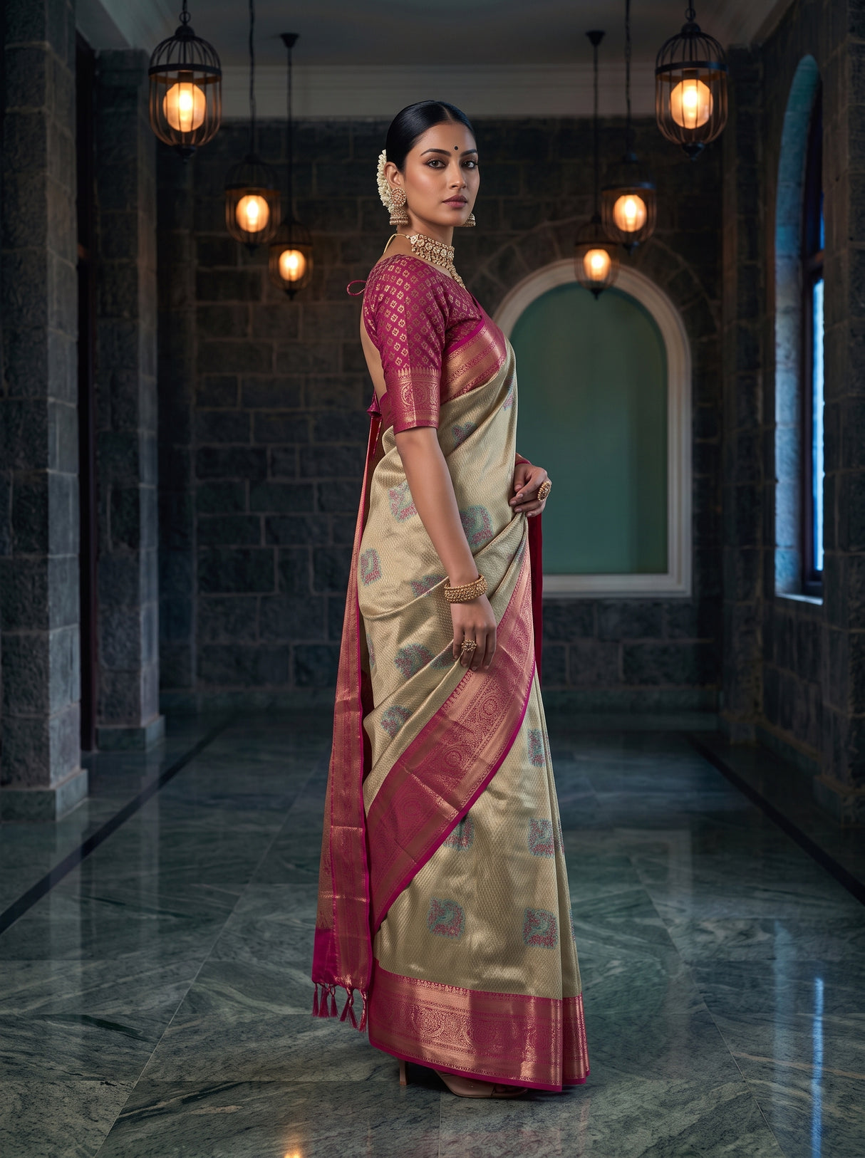 MIMOSA Pista Kanjivaram Art Silk Saree — close up of model's mid-section and hand