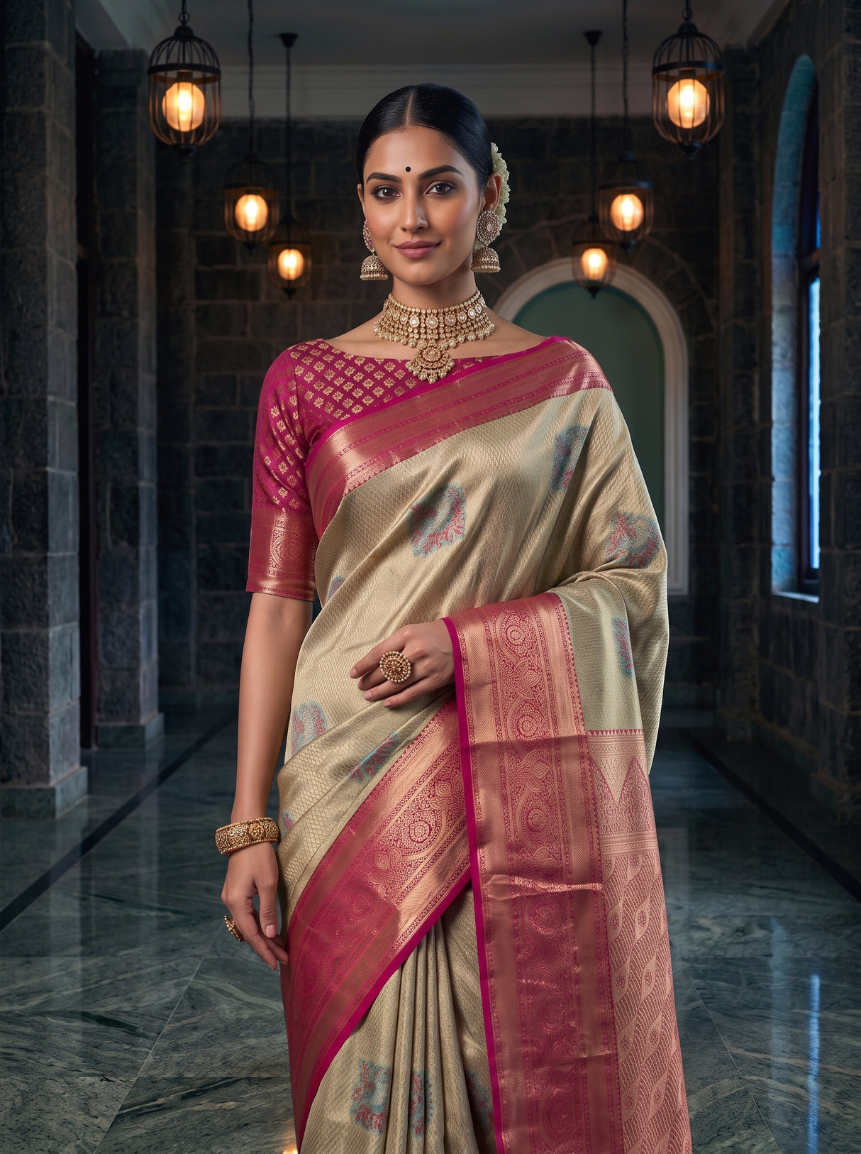 MIMOSA Pista Kanjivaram Art Silk Saree — pallu and body detail