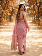 MIMOSA Gajari Banarasi Art Silk Saree — Model smiling close-up