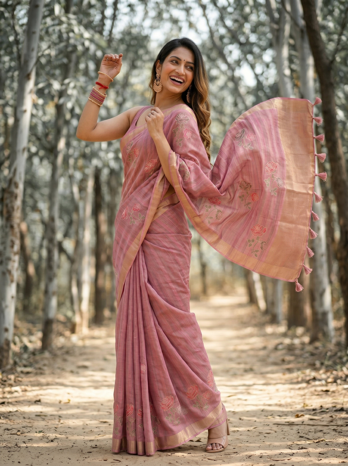 MIMOSA Gajari Banarasi Art Silk Saree — Lower drape and feet detail