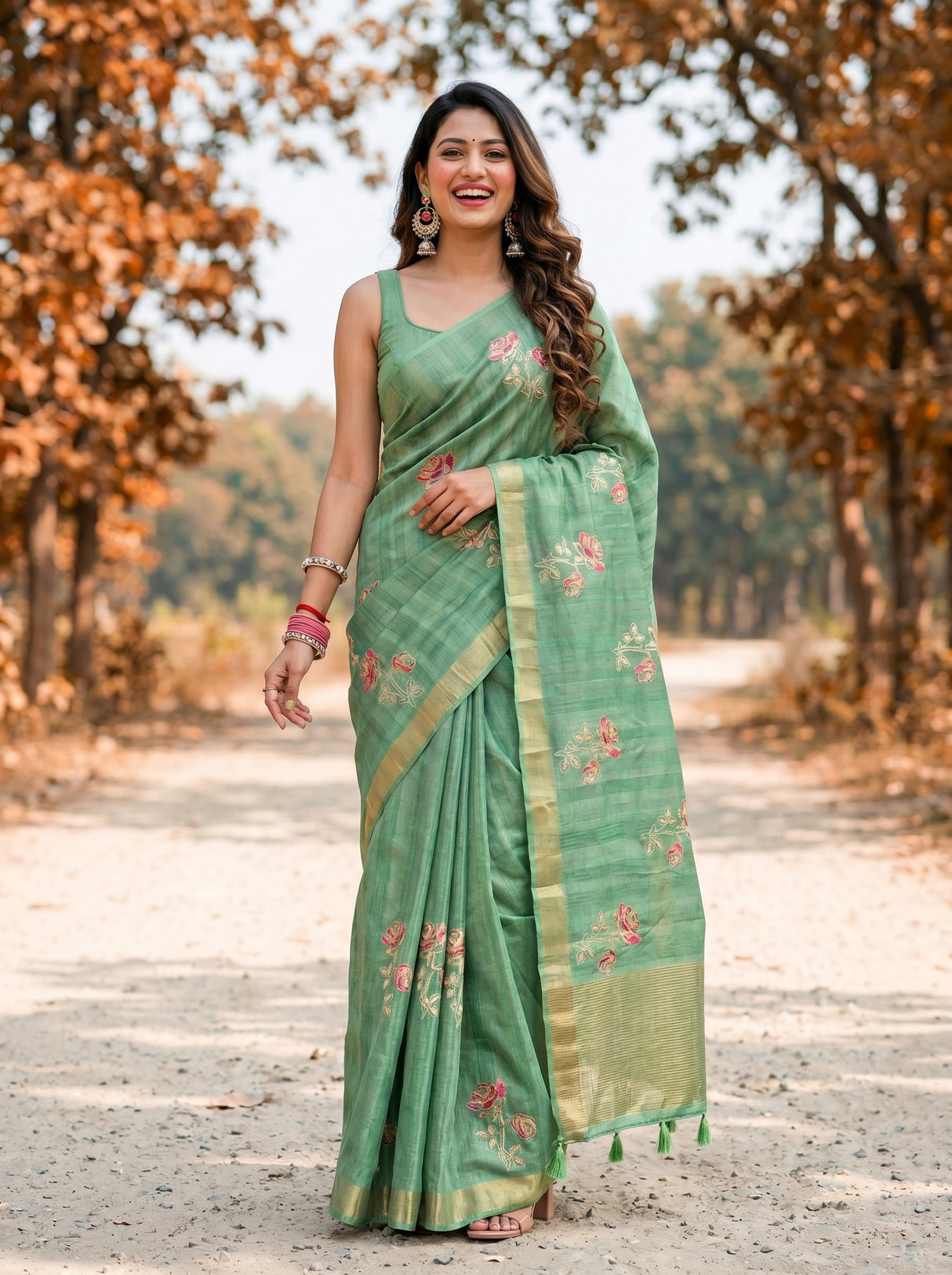 MIMOSA Pista Banarasi Art Silk Saree — Full length model lifestyle pose