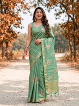 MIMOSA Pista Banarasi Art Silk Saree — Full length model lifestyle pose