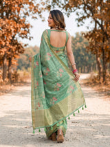 MIMOSA Pista Banarasi Art Silk Saree — Model smiling close-up