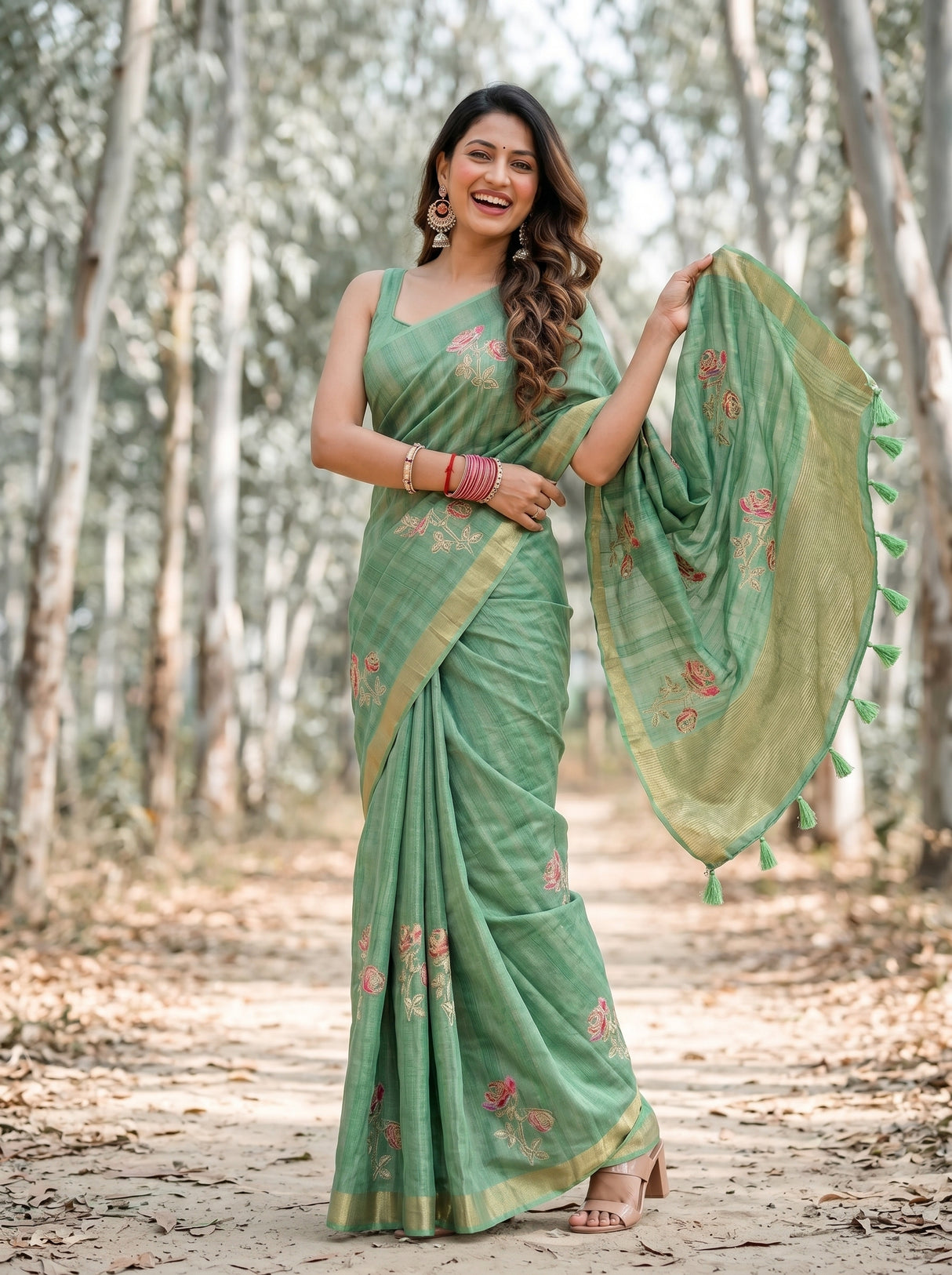 MIMOSA Pista Banarasi Art Silk Saree — Lower drape and feet detail