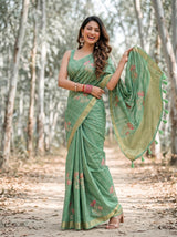MIMOSA Pista Banarasi Art Silk Saree — Lower drape and feet detail