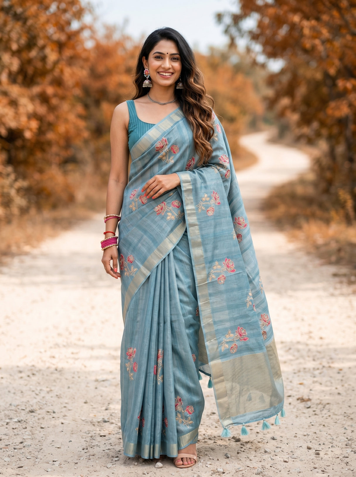 MIMOSA Sapphire Banarasi Art Silk Saree — Full length model lifestyle pose
