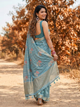MIMOSA Sapphire Banarasi Art Silk Saree — Model smiling close-up