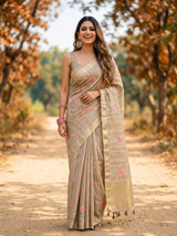 MIMOSA Tussar Banarasi Art Silk Saree — Full length model lifestyle pose