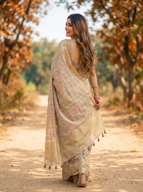 MIMOSA Tussar Banarasi Art Silk Saree — Model smiling close-up