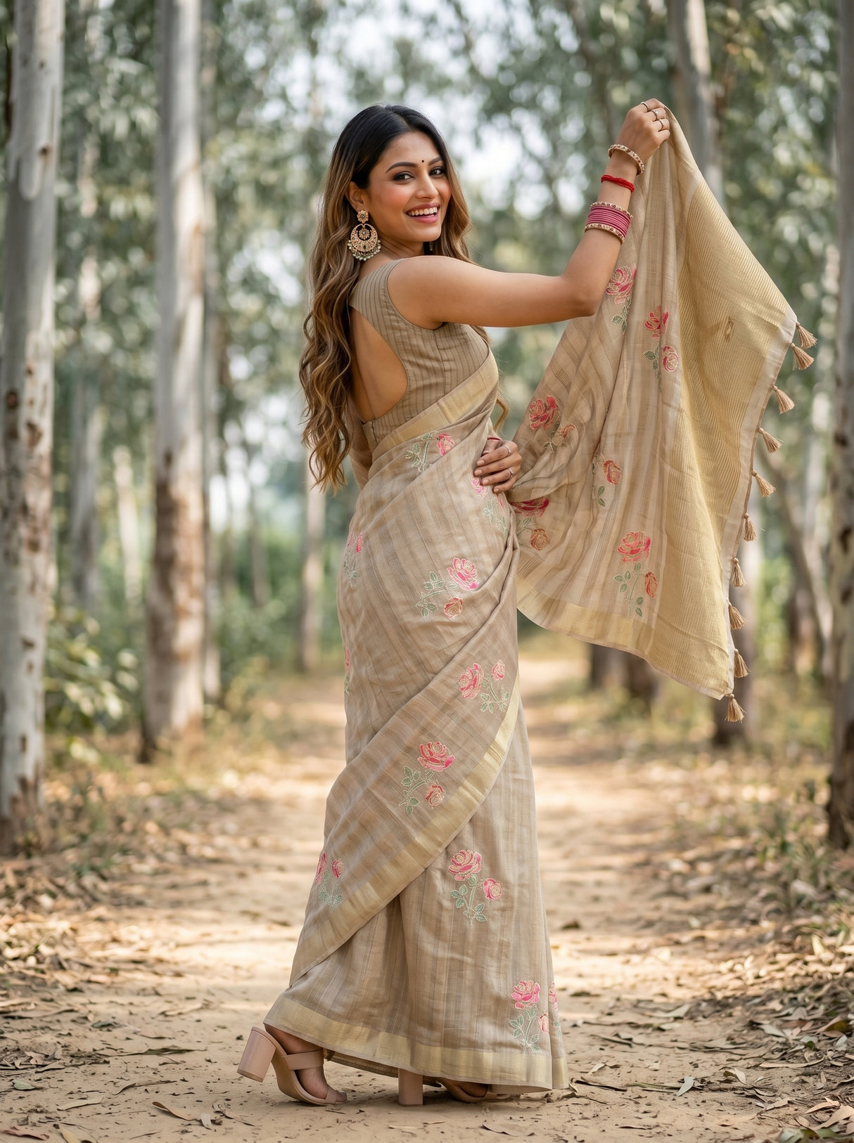 MIMOSA Tussar Banarasi Art Silk Saree — Lower drape and feet detail