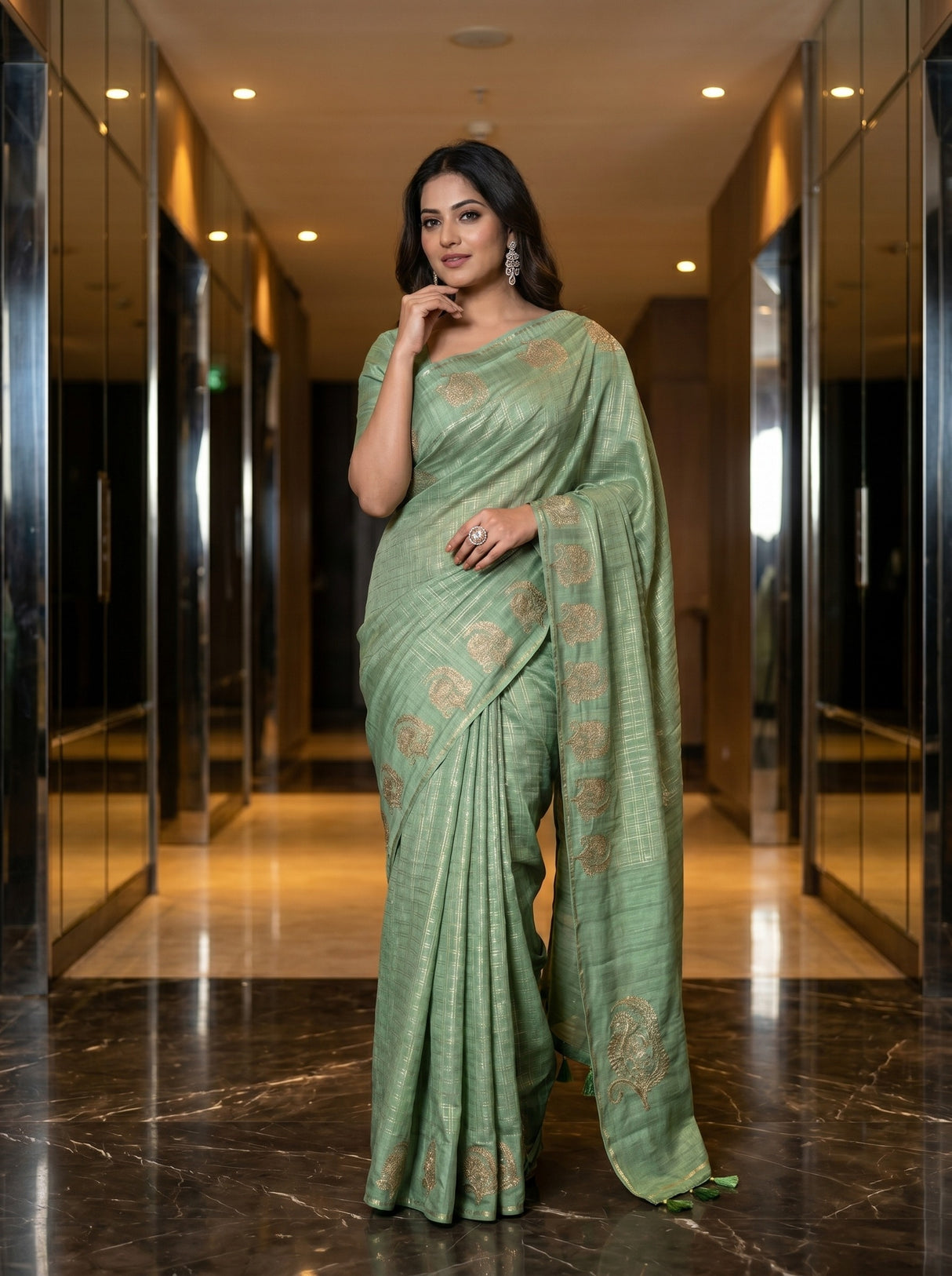 MIMOSA Pista Banarasi Art Silk Saree — AI Model lifestyle pose 1