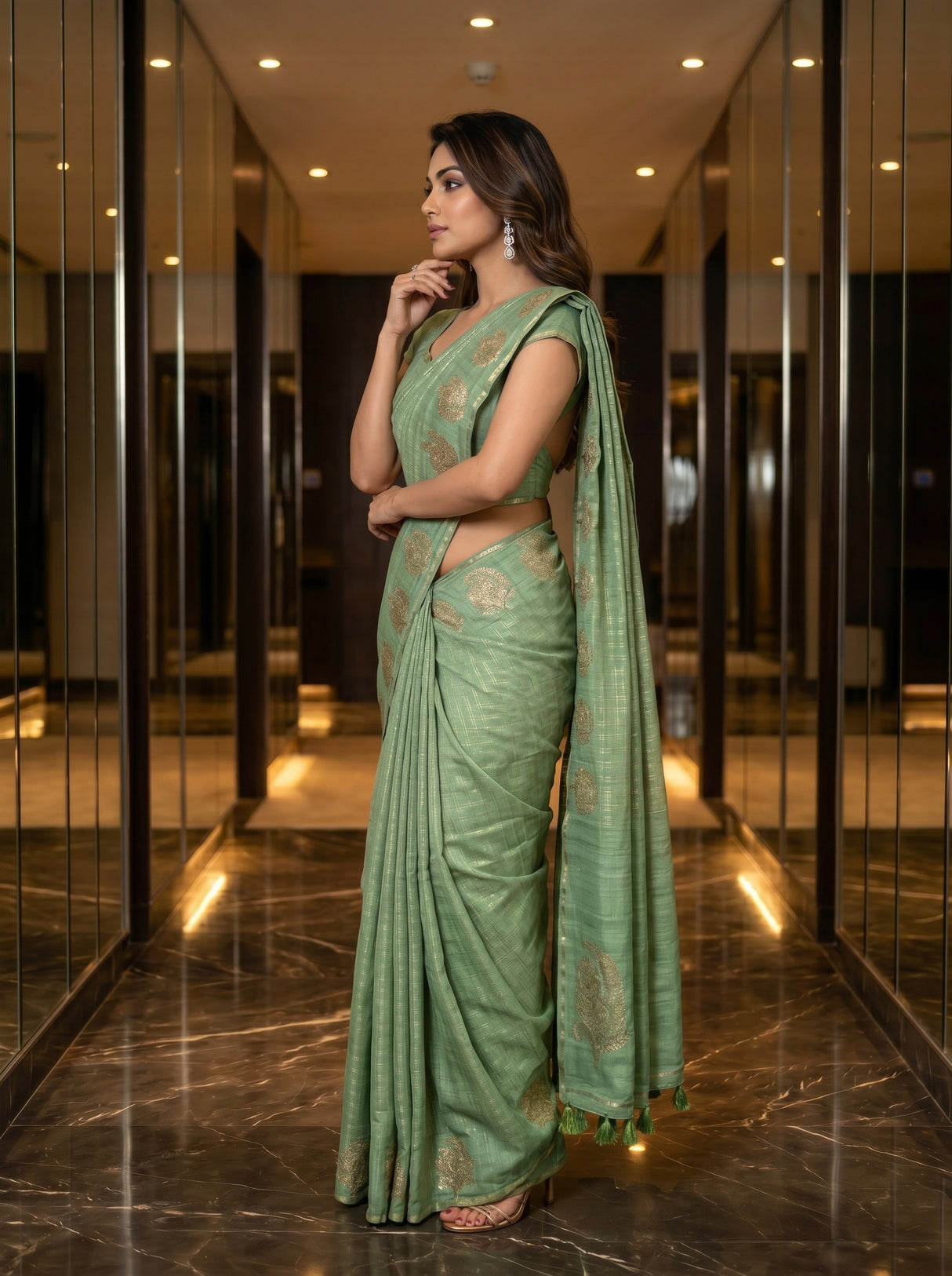 MIMOSA Pista Banarasi Art Silk Saree — pose 3 styling detail