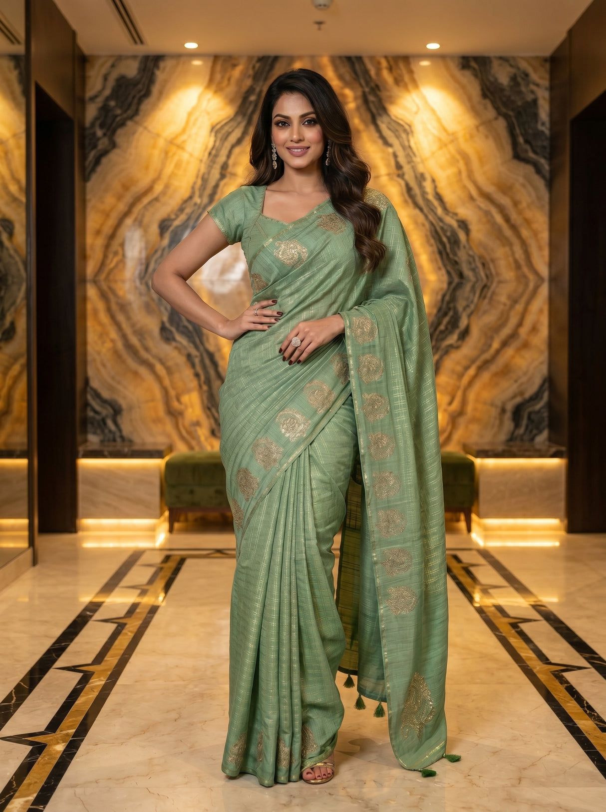 MIMOSA Pista Banarasi Art Silk Saree — pose 4 styling detail
