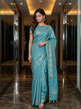 MIMOSA Sapphire Banarasi Art Silk Saree — AI Model lifestyle pose 1