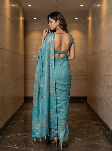 MIMOSA Sapphire Banarasi Art Silk Saree — pose 2 styling detail