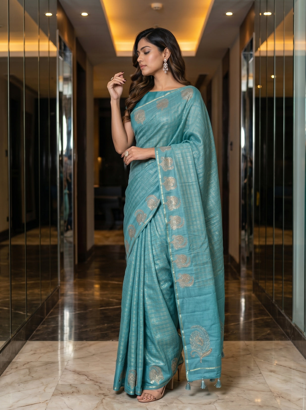 MIMOSA Sapphire Banarasi Art Silk Saree — pose 3 styling detail