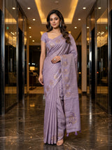MIMOSA Violet Banarasi Art Silk Saree — AI Model lifestyle pose 1