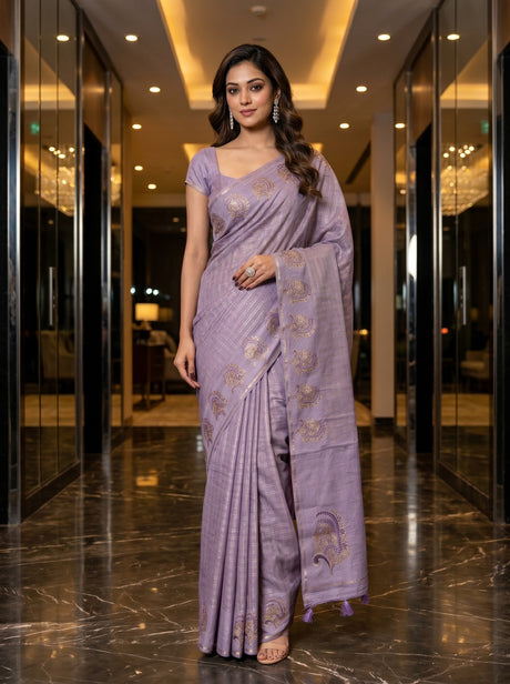 MIMOSA Violet Banarasi Art Silk Saree — AI Model lifestyle pose 1
