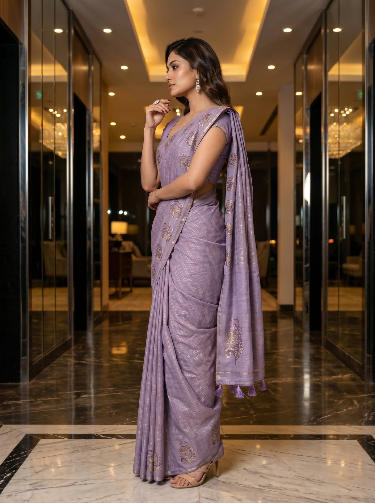MIMOSA Violet Banarasi Art Silk Saree — pose 3 styling detail