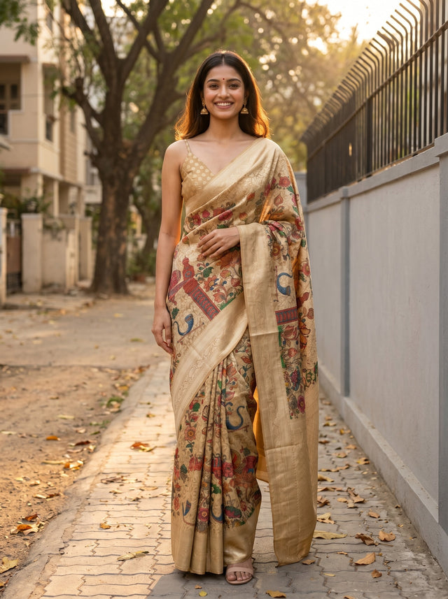 MIMOSA Chiku Kalamkari Art Silk Saree — Model wearing full saree
