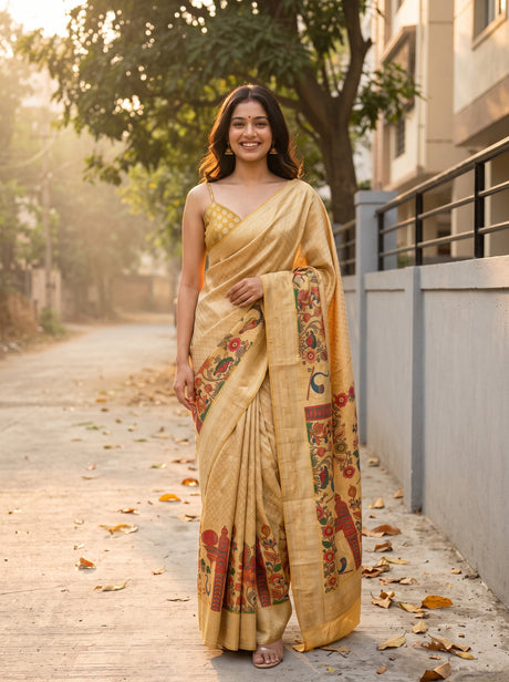 MIMOSA Gold Kalamkari Art Silk Saree — Model wearing full saree