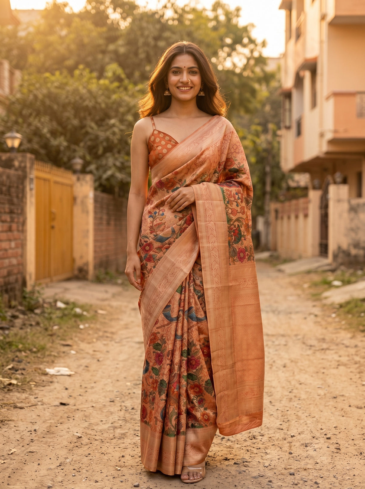 MIMOSA Orange Kalamkari Art Silk Saree — Model wearing full saree