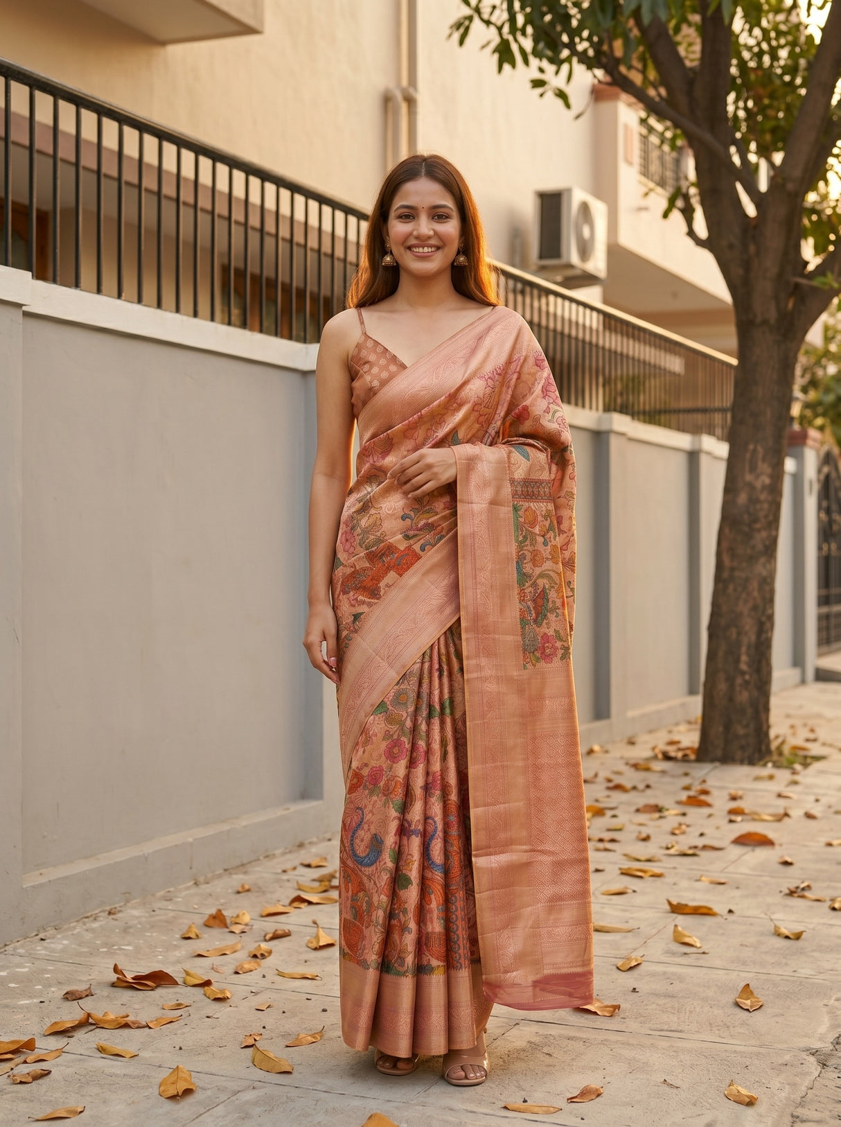 MIMOSA Rani Kalamkari Art Silk Saree — Model wearing full saree