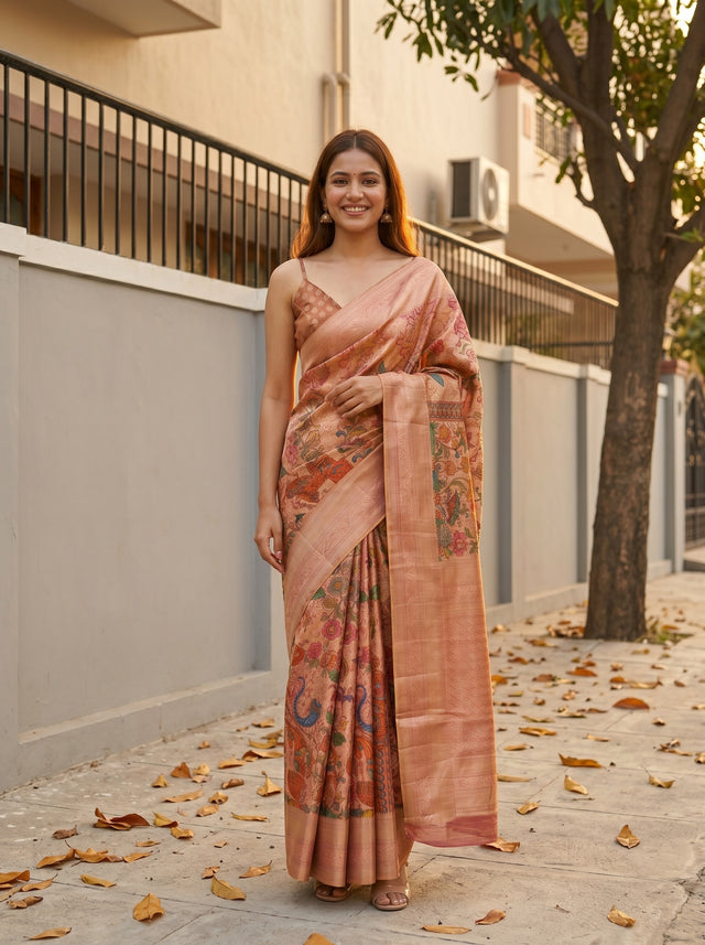 MIMOSA Rani Kalamkari Art Silk Saree — Model wearing full saree