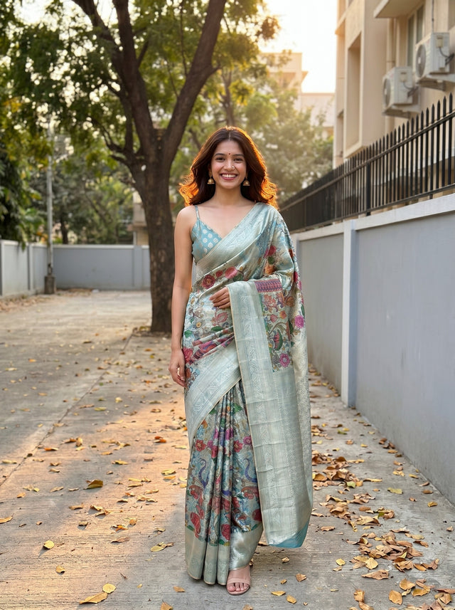 MIMOSA Sapphire Kalamkari Art Silk Saree — Model wearing full saree