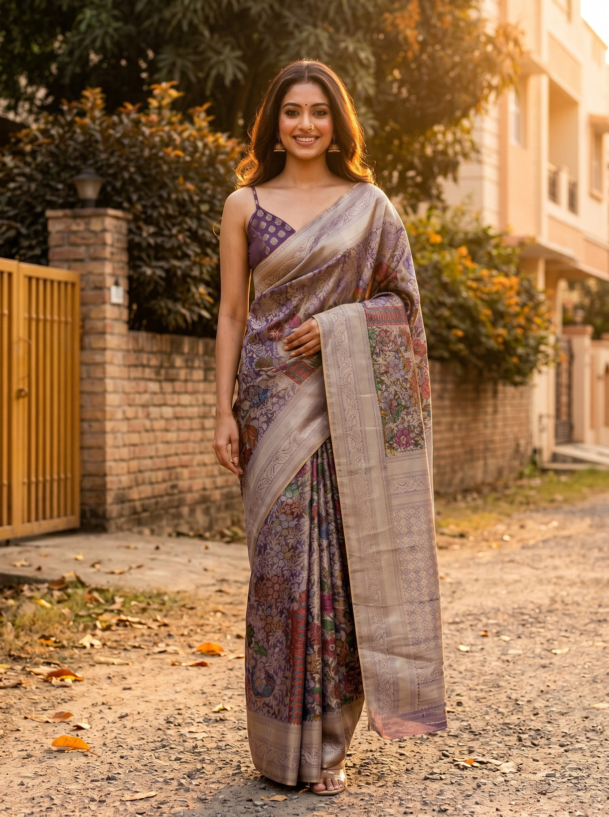 MIMOSA Violet Kalamkari Art Silk Saree — Model wearing full saree