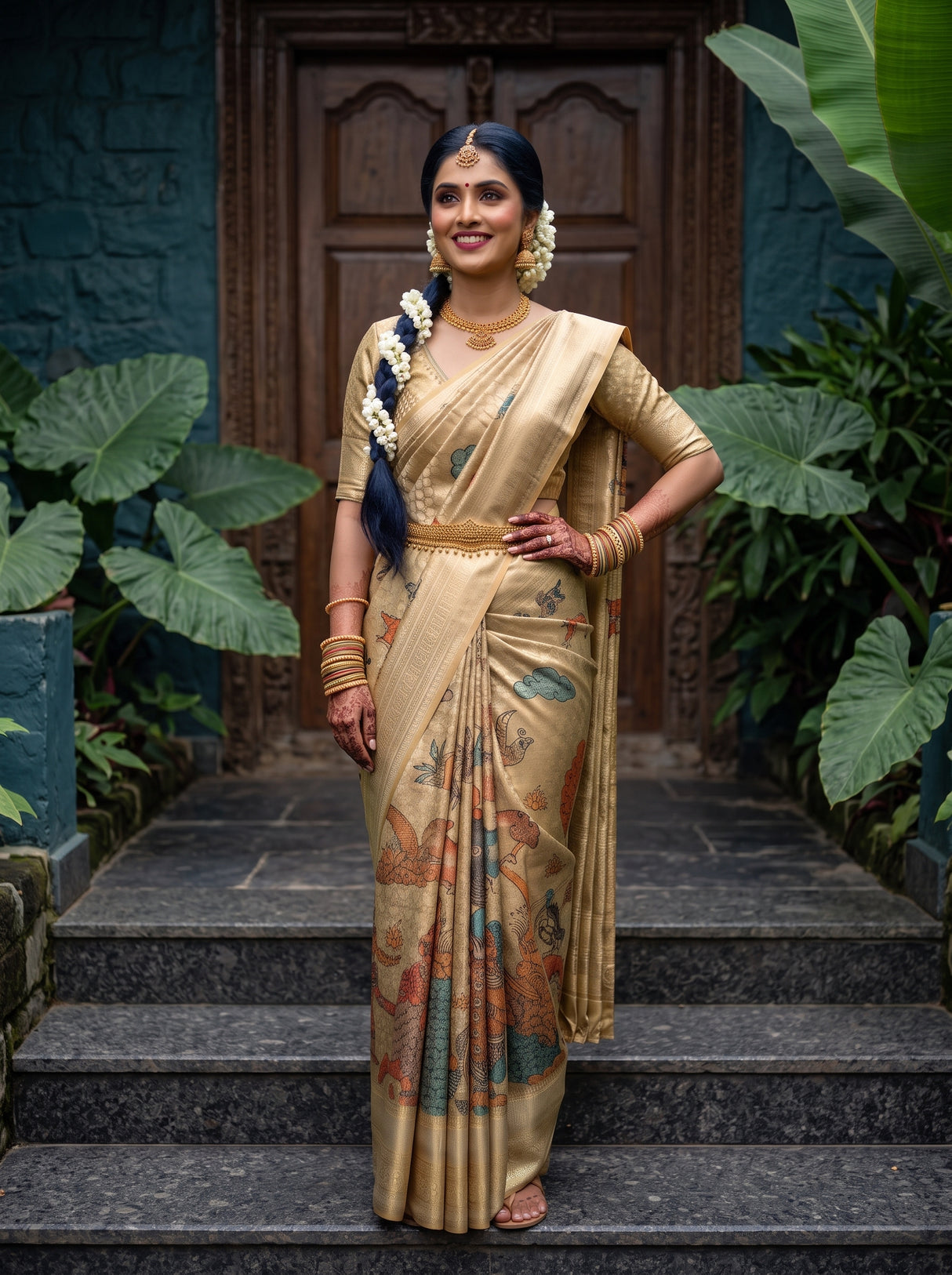 MIMOSA Chiku Kalamkari Saree — pose 4 styling detail