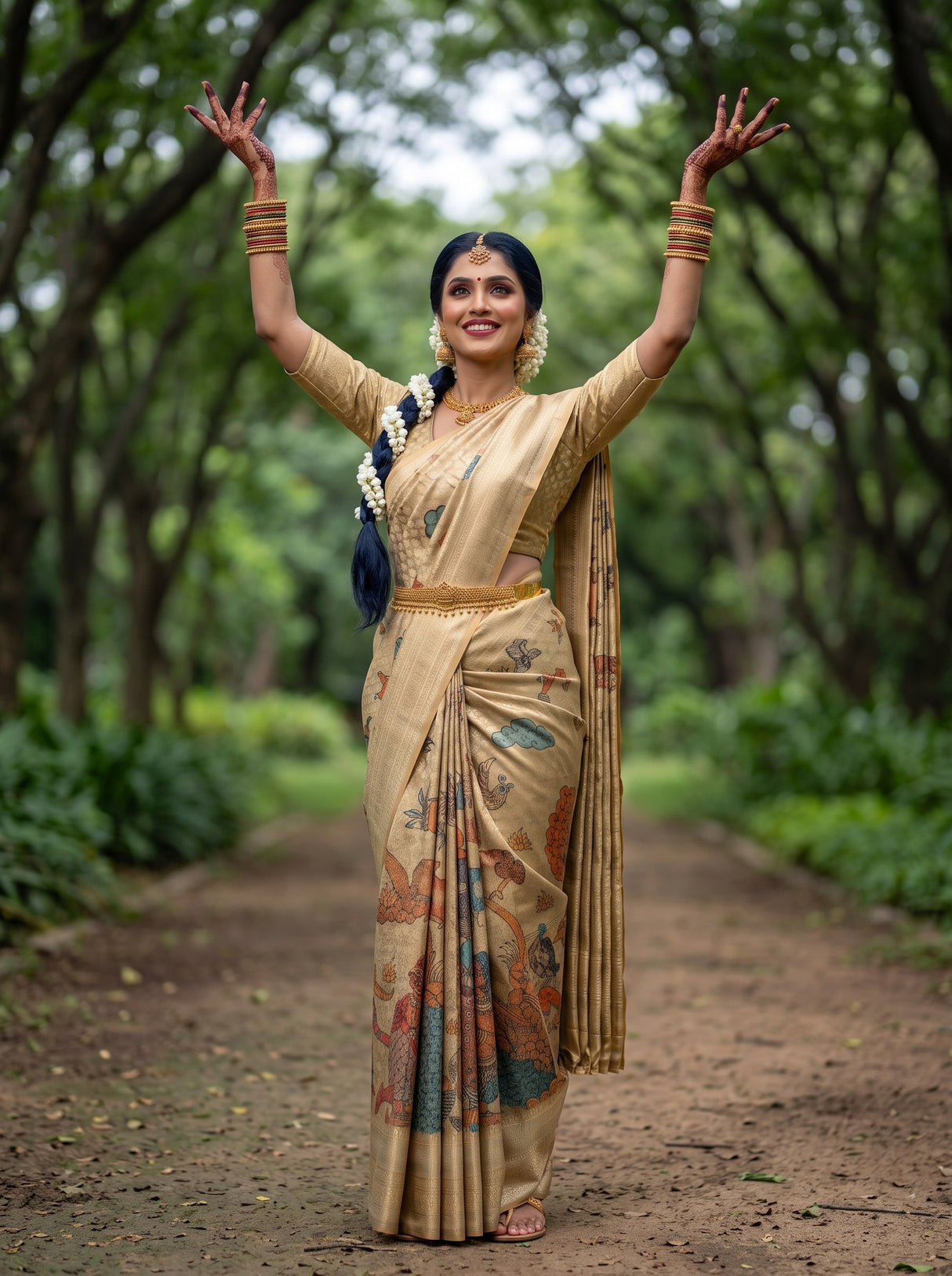 MIMOSA Chiku Kalamkari Saree — pose 5 styling detail