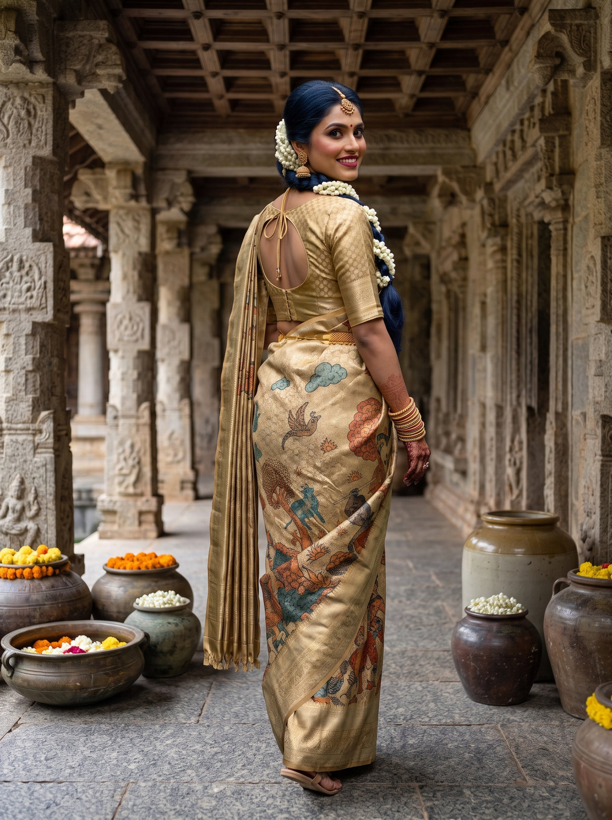 MIMOSA Chiku Kalamkari Saree — pose 7 styling detail