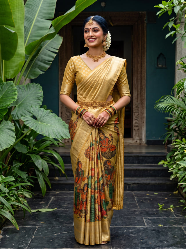 MIMOSA Gold Kalamkari Art Silk Saree — pallu and body shot