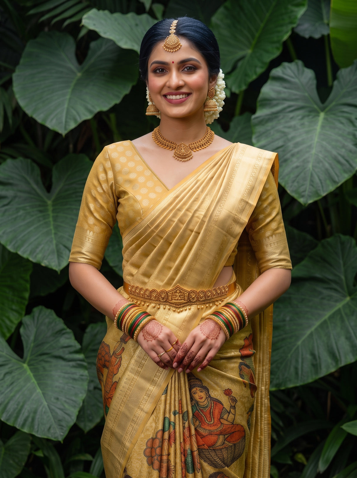 MIMOSA Gold Kalamkari Saree — pose 10 styling detail