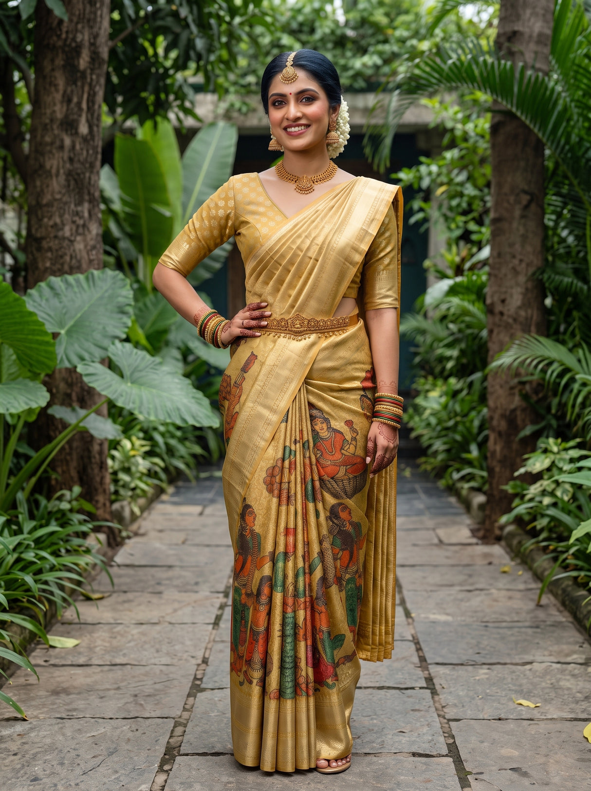 MIMOSA Gold Kalamkari Saree — pose 4 styling detail