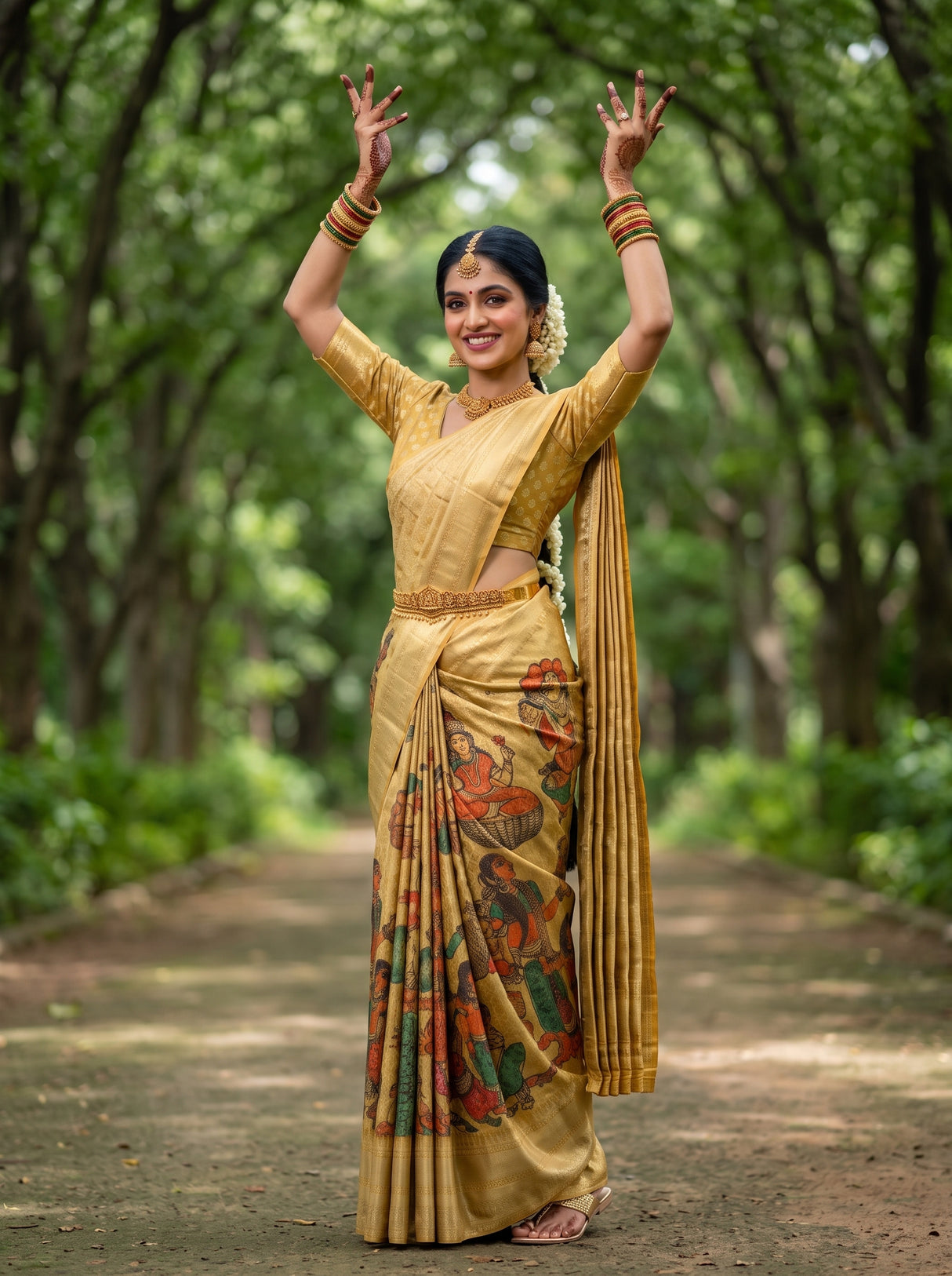 MIMOSA Gold Kalamkari Saree — pose 5 styling detail